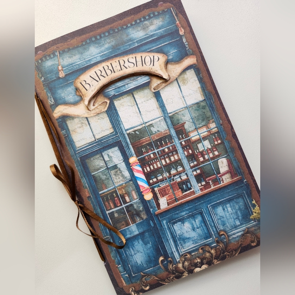 Junk Journal Booklet  "BARBERSHOP" Masculine Haircut Handmade Vintage LG 9x6 40p